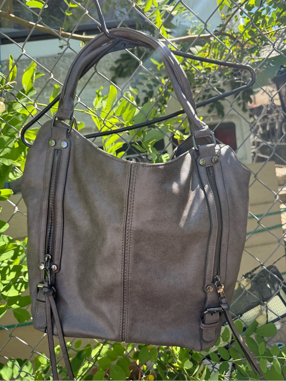 Realer Metallic Pewter Hobo Shoulder Bag Multi-Pocket Organizer vegan purse
